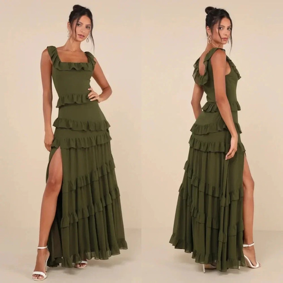 Lulus Dresses & Skirts - Lulus Compelling Romantic Olive Green Ruffled Tiered Maxi Dress Party Wedding